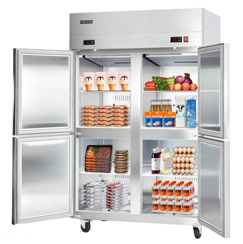 VEVOR Commercial Refrigerator and Freezer Combo 48"W, 31 Cu.Ft Stainless Steel Upright Freezer/Refrigerator with 4 Doors, Auto-Defrost, 6 Adjustable Shelves, UL Certified
