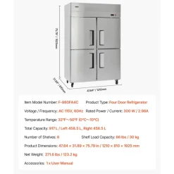 VEVOR Commercial Refrigerator, 31.89 in Width Reach In Upright Refrigeration Four Door, 31.4 Cu.ft Auto-Defrost Stainless Steel Refrigerator with 6 Adjustable Shelves, 32 to 50℉ Temp Range, 4 Wheels