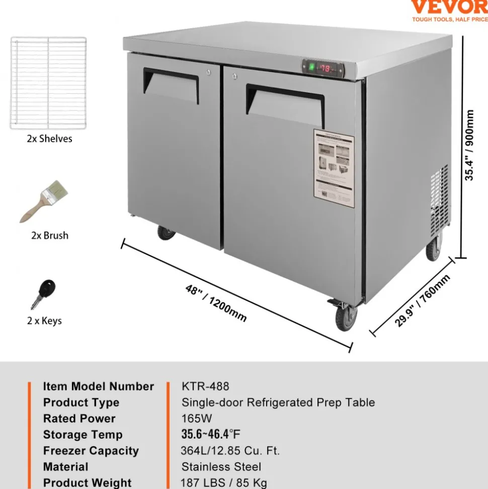 VEVOR Commercial Refrigerator, 48" Worktop Undercounter Refrigerator, 12.85 Cu. Ft Thick Stainless Steel Refrigerated Food Prep Station, 2 Door Worktop Fridge with lock for Restaurant, Bar, Diner