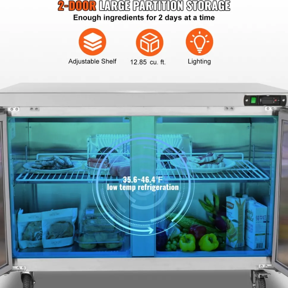 VEVOR Commercial Refrigerator, 48" Worktop Undercounter Refrigerator, 12.85 Cu. Ft Thick Stainless Steel Refrigerated Food Prep Station, 2 Door Worktop Fridge with lock for Restaurant, Bar, Diner