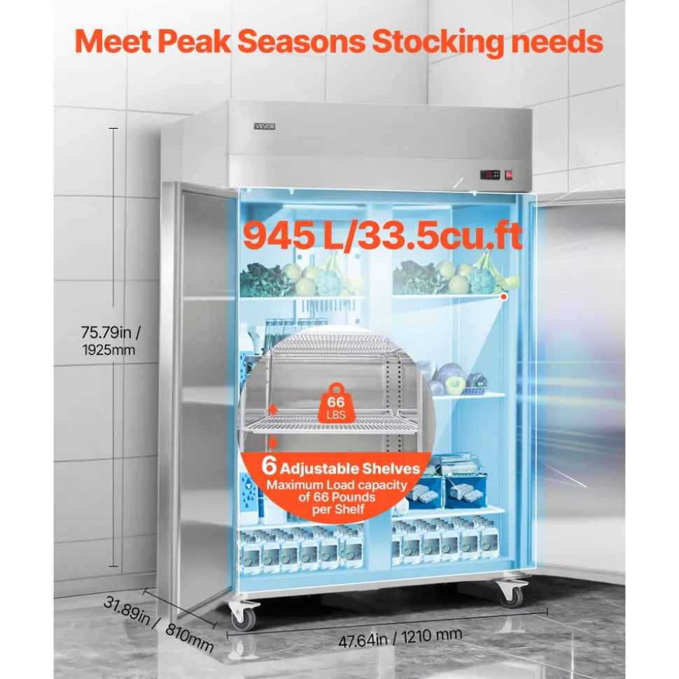 VEVOR Commercial Refrigerator, 31.89 in Width Reach In Upright Refrigeration Double Door, 32.1 Cu.ft Auto-Defrost Stainless Steel Refrigerator with 8 Adjustable Shelves, 32 to 50℉ Temp Range, 4 Wheels