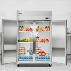 VEVOR Commercial Refrigerator, 31.89 in Width Reach In Upright Refrigeration Double Door, 32.1 Cu.ft Auto-Defrost Stainless Steel Refrigerator with 8 Adjustable Shelves, 32 to 50℉ Temp Range, 4 Wheels