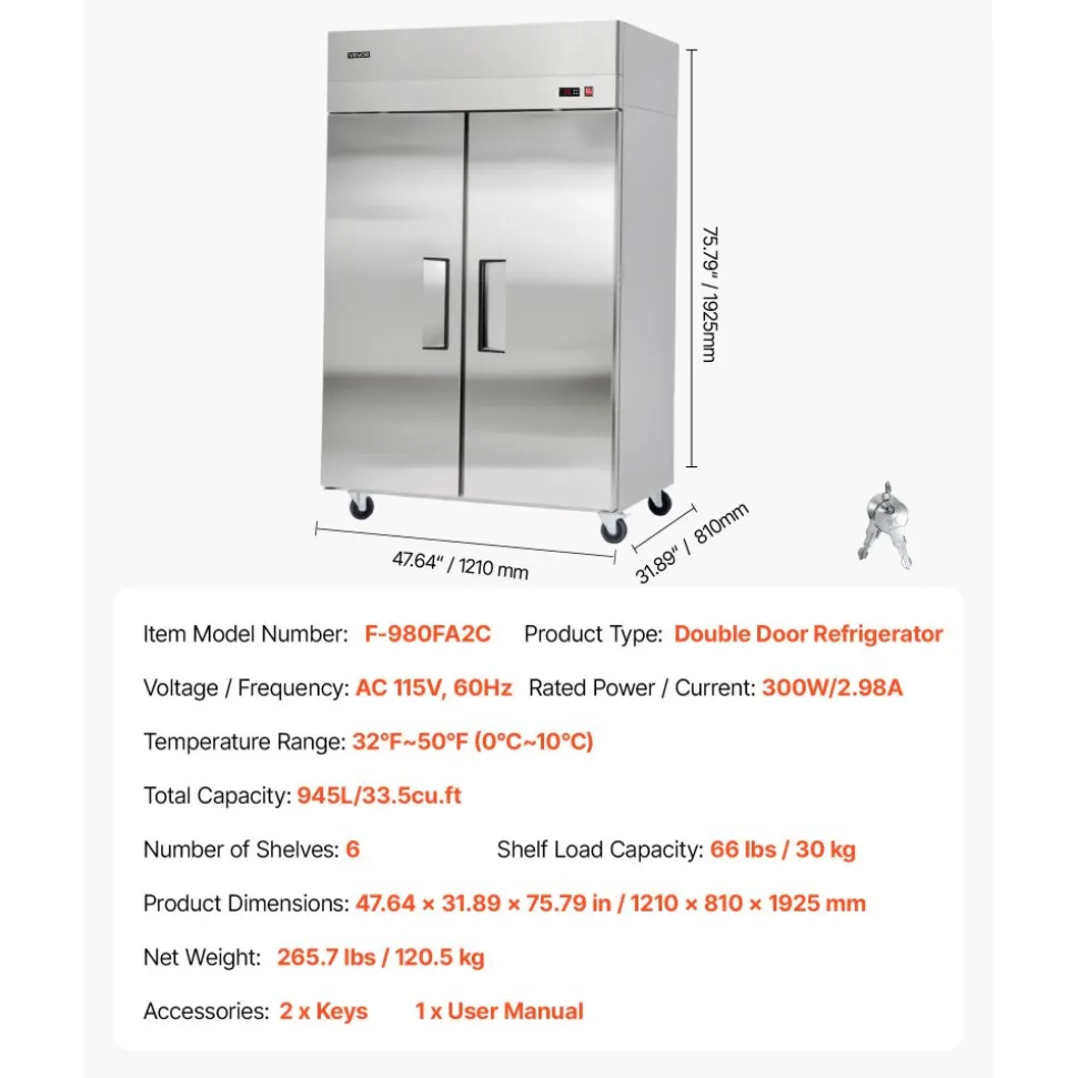 VEVOR Commercial Refrigerator, 31.89 in Width Reach In Upright Refrigeration Double Door, 32.1 Cu.ft Auto-Defrost Stainless Steel Refrigerator with 8 Adjustable Shelves, 32 to 50℉ Temp Range, 4 Wheels