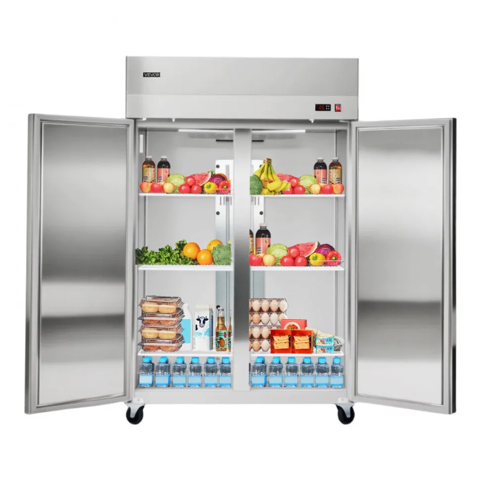 VEVOR Commercial Refrigerator, 31.89 in Width Reach In Upright Refrigeration Double Door, 32.1 Cu.ft Auto-Defrost Stainless Steel Refrigerator with 8 Adjustable Shelves, 32 to 50℉ Temp Range, 4 Wheels