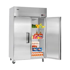 VEVOR Commercial Refrigerator, 31.89 in Width Reach In Upright Refrigeration Double Door, 32.1 Cu.ft Auto-Defrost Stainless Steel Refrigerator with 8 Adjustable Shelves, 32 to 50℉ Temp Range, 4 Wheels