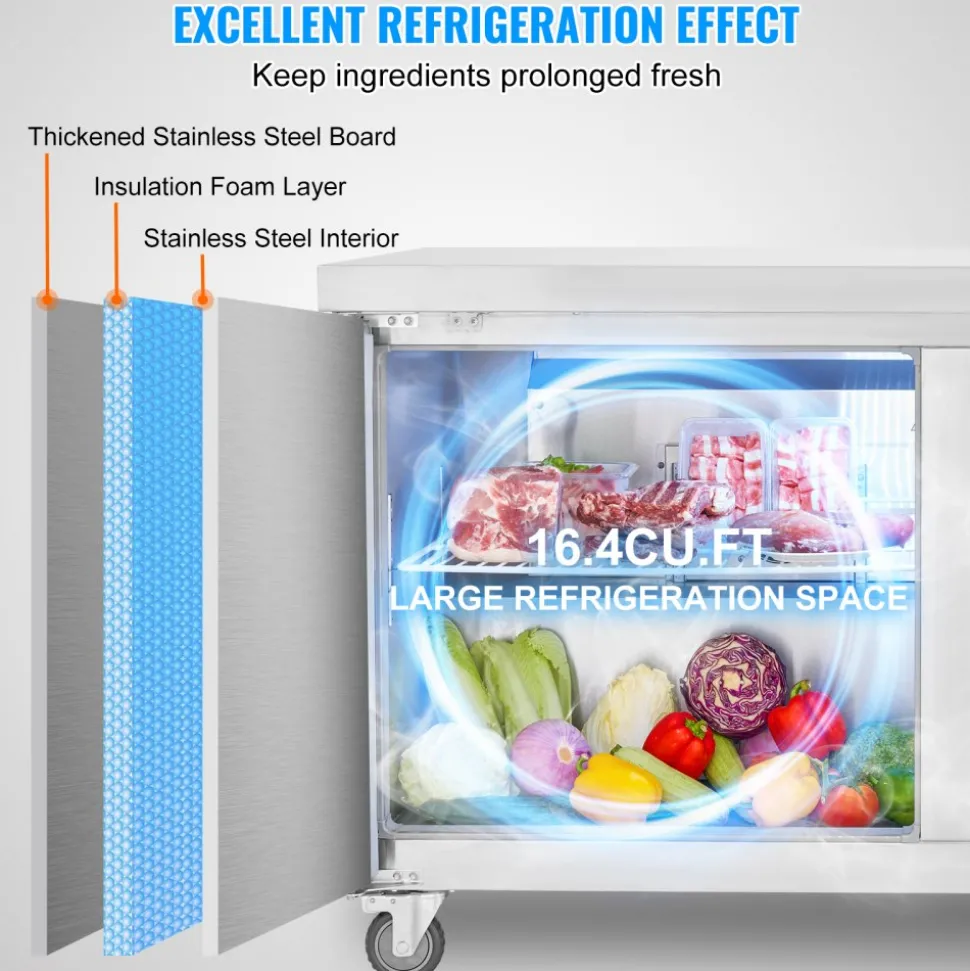 VEVOR 60" Commercial Refrigerator Sandwich & Salad Prep Table, 16.4 Cu. Ft Stainless Steel Refrigerated Food Prep Station with 2 Doors, Frost Free Refrigerator with Lock for Restaurant, Bar, Store