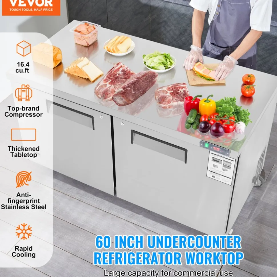 VEVOR 60" Commercial Refrigerator Sandwich & Salad Prep Table, 16.4 Cu. Ft Stainless Steel Refrigerated Food Prep Station with 2 Doors, Frost Free Refrigerator with Lock for Restaurant, Bar, Store