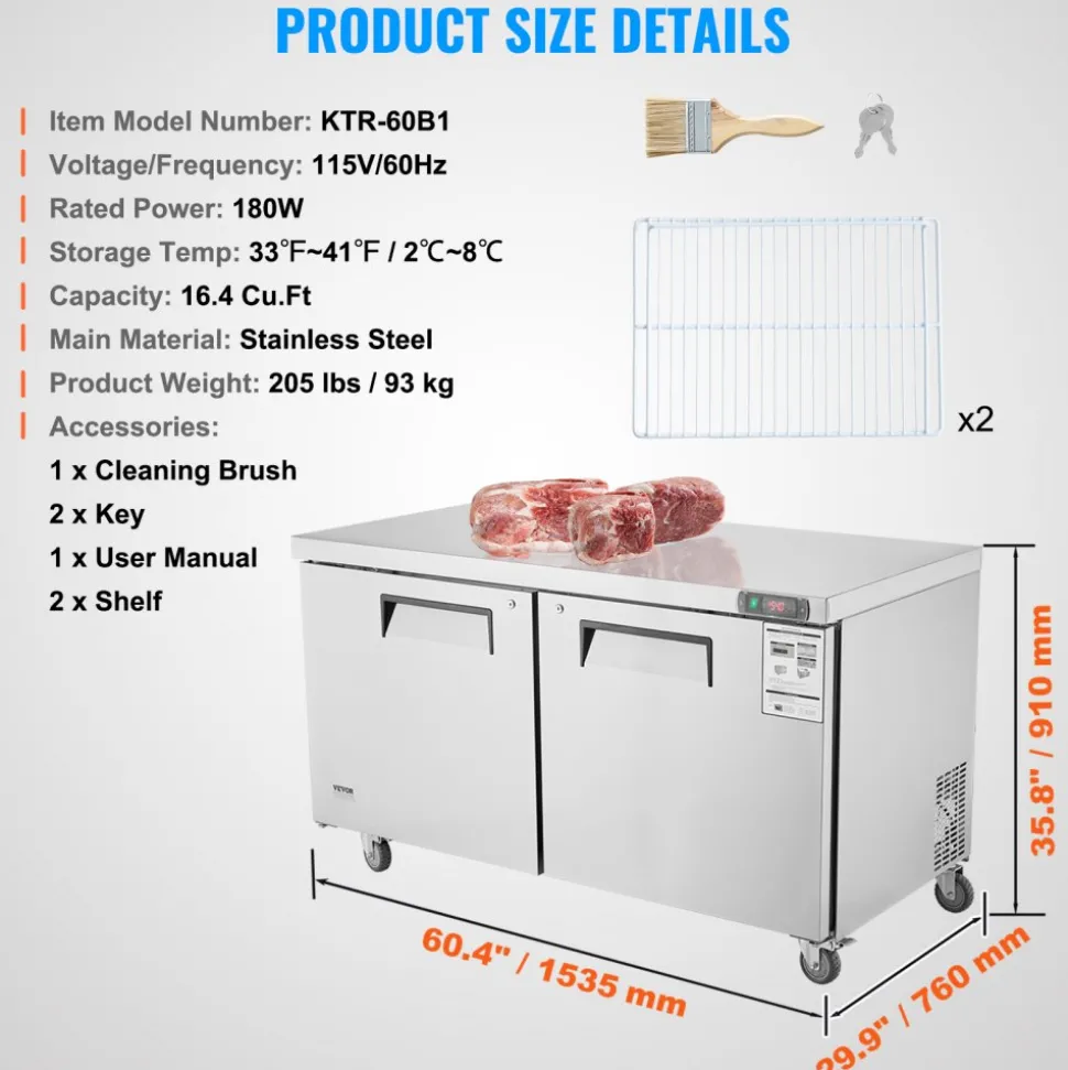 VEVOR 60" Commercial Refrigerator Sandwich & Salad Prep Table, 16.4 Cu. Ft Stainless Steel Refrigerated Food Prep Station with 2 Doors, Frost Free Refrigerator with Lock for Restaurant, Bar, Store