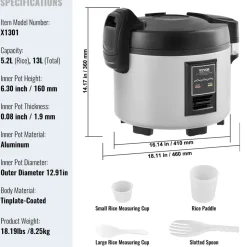 VEVOR Commercial Rice Cooker, 60-Cup Rice Cooker, 13.74 Qt / 13 Liter Large Rice Cooker and Warmer with Nonstick Inner Pot, Fast Cooking and 12-Hour Keep Warm, with Rice Cup and Paddle, for Restaurant
