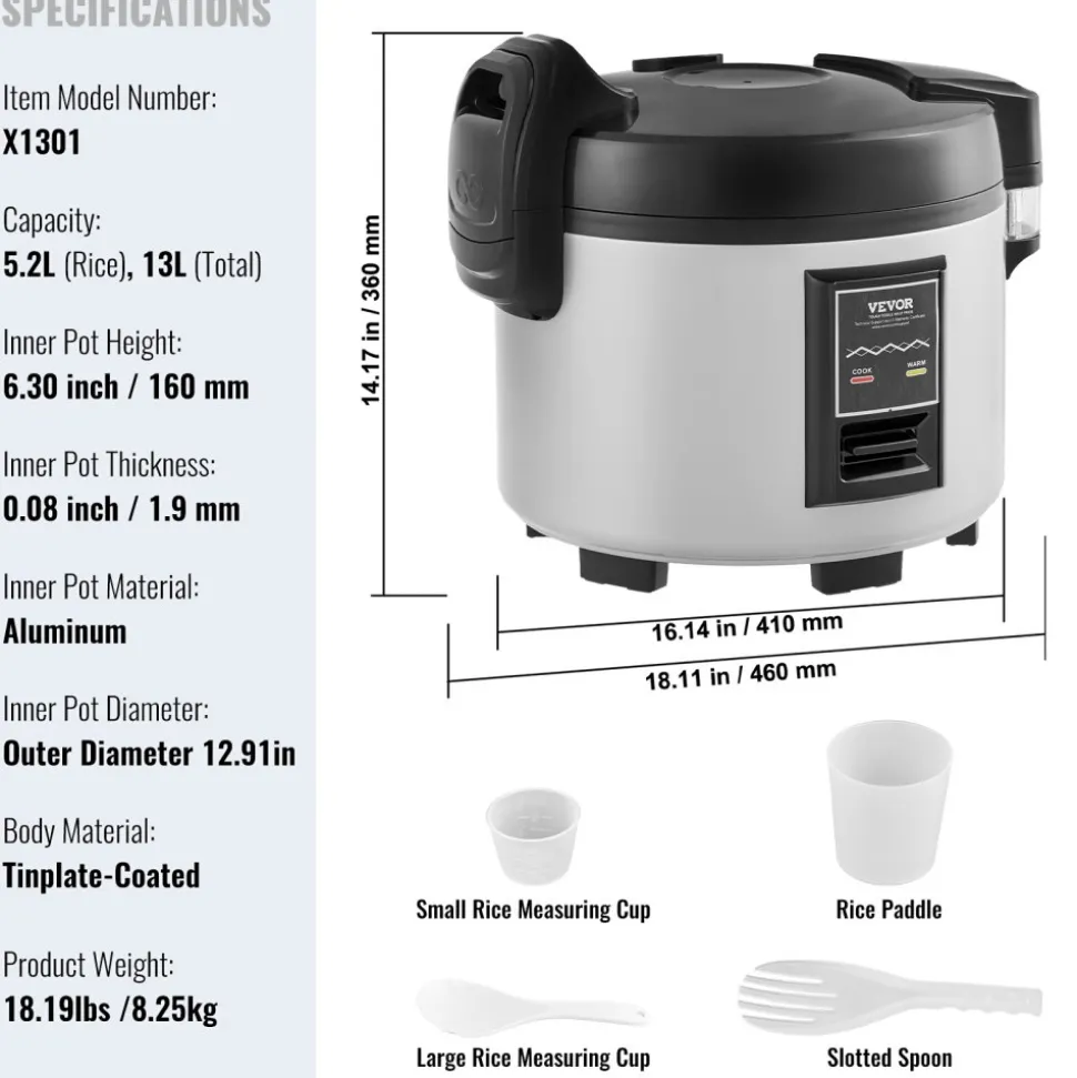 VEVOR Commercial Rice Cooker, 60-Cup Rice Cooker, 13.74 Qt / 13 Liter Large Rice Cooker and Warmer with Nonstick Inner Pot, Fast Cooking and 12-Hour Keep Warm, with Rice Cup and Paddle, for Restaurant