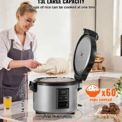 VEVOR Commercial Rice Cooker, 60-Cup Rice Cooker, 13.74 Qt / 13 Liter Large Rice Cooker and Warmer with Nonstick Inner Pot, Fast Cooking and 12-Hour Keep Warm, with Rice Cup and Paddle, for Restaurant
