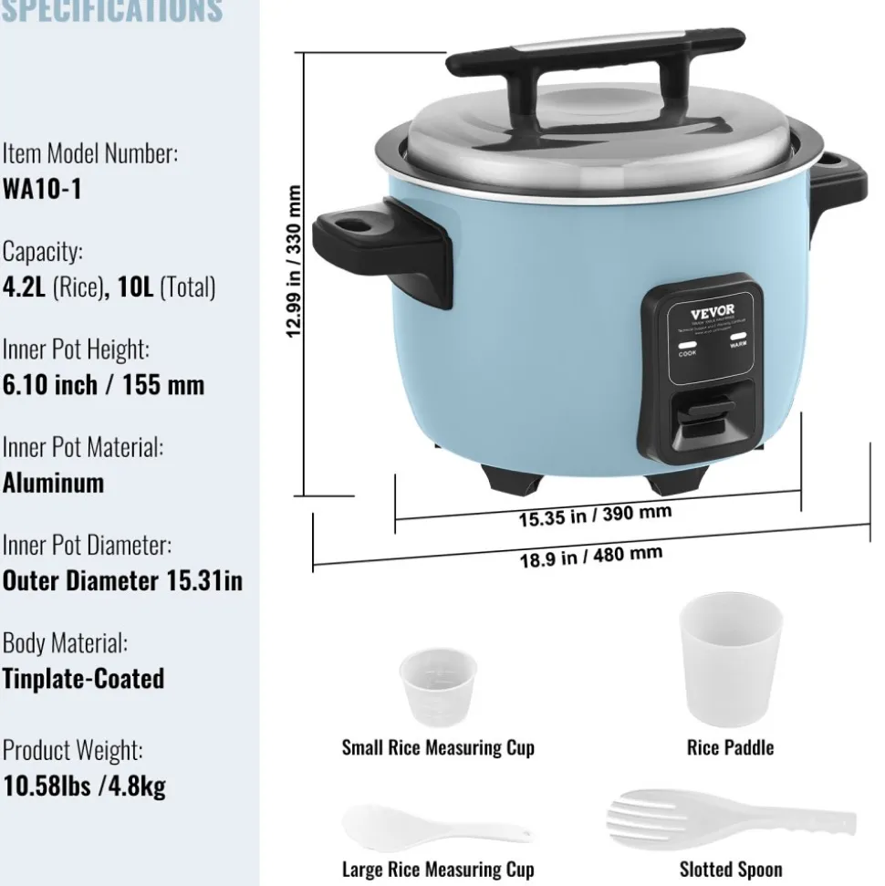 VEVOR Commercial Rice Cooker, 50-Cup Rice Cooker, 10.57 Qt / 10 Liter Large Rice Cooker and Warmer with Nonstick Inner Pot, Fast Cooking and 24-Hour Keep Warm, with Rice Cup and Paddle, for Restaurant