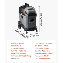 VEVOR Commercial Shop Vac, 11 Gallon Wet Dry Shop Vacuum, 5.5 Peak HP Portable with One-Button Self-Cleaning, 1350W Input, 1.25in x 7ft Hose, 20ft Cord, Industrial-Grade for Jobsite, Workshop