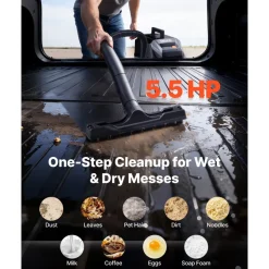 VEVOR Commercial Shop Vac, 11 Gallon Wet Dry Shop Vacuum, 5.5 Peak HP Portable with One-Button Self-Cleaning, 1350W Input, 1.25in x 7ft Hose, 20ft Cord, Industrial-Grade for Jobsite, Workshop