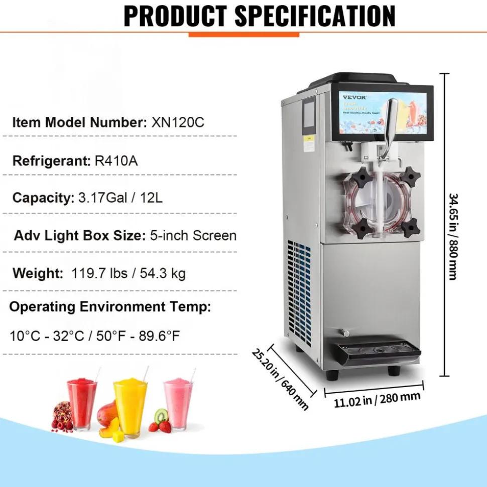 VEVOR Commercial Slushy Machine, 12L / 3.17 Gal Single Tank, Cool and Freeze Modes, Stainless Steel Margarita Smoothie Frozen Drink Maker, Slushie Machine for Party Cafes Restaurants Bars Home