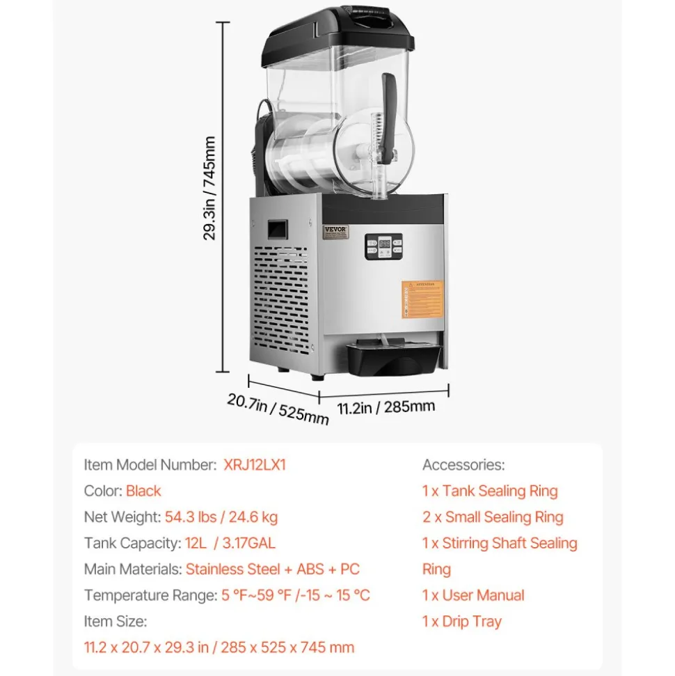 VEVOR Commercial Slushy Machine, 12L Single Tank Frozen Drink Machine, 48 Cups Stainless Steel Margarita Smoothie Frozen Drink Maker, Slushie Maker for Home Party Restaurants Cafe Bars