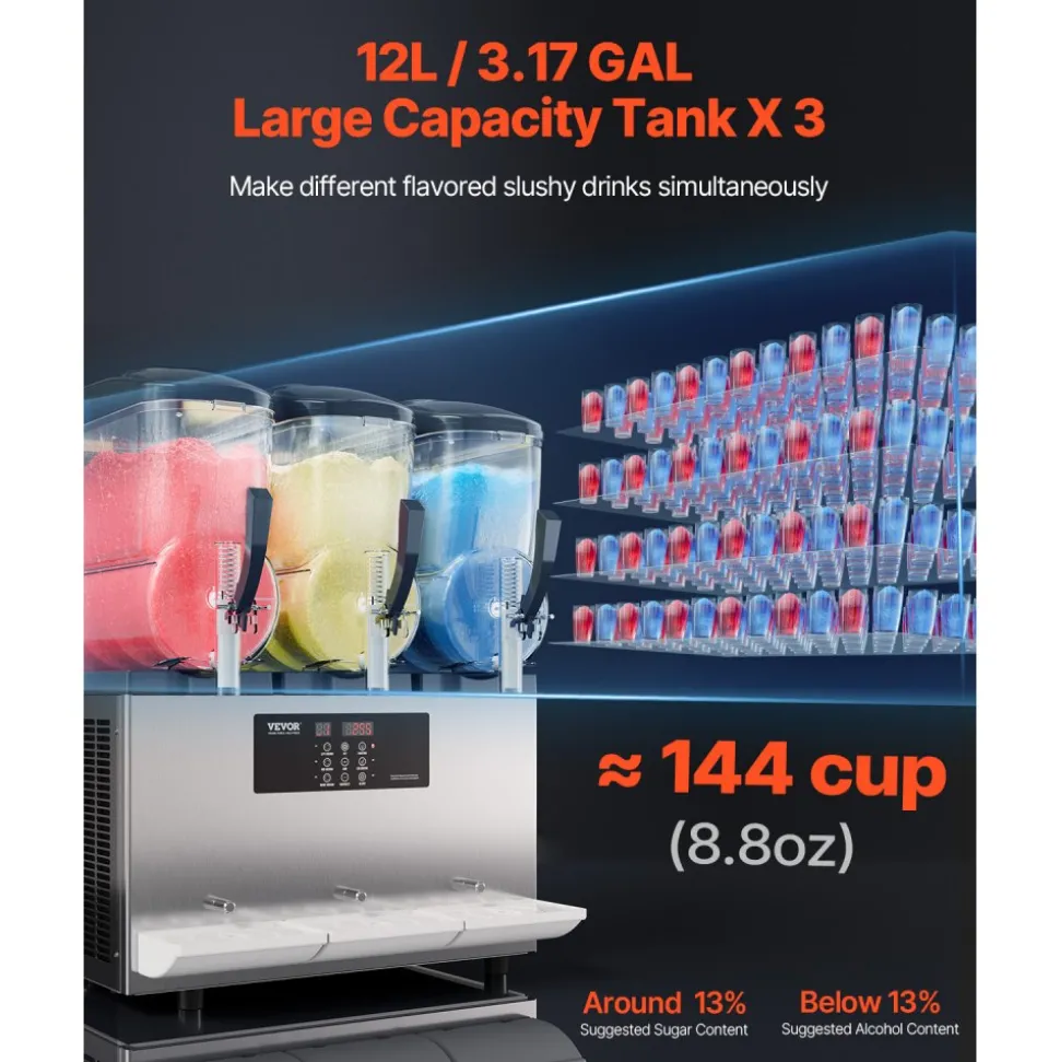 VEVOR Commercial Slushy Machine, 12Lx3 Triple Tank Frozen Drink Machine, 144 Cups Stainless Steel Margarita Smoothie Frozen Drink Maker, Slushie Maker for Home Party Restaurants Cafe Bars