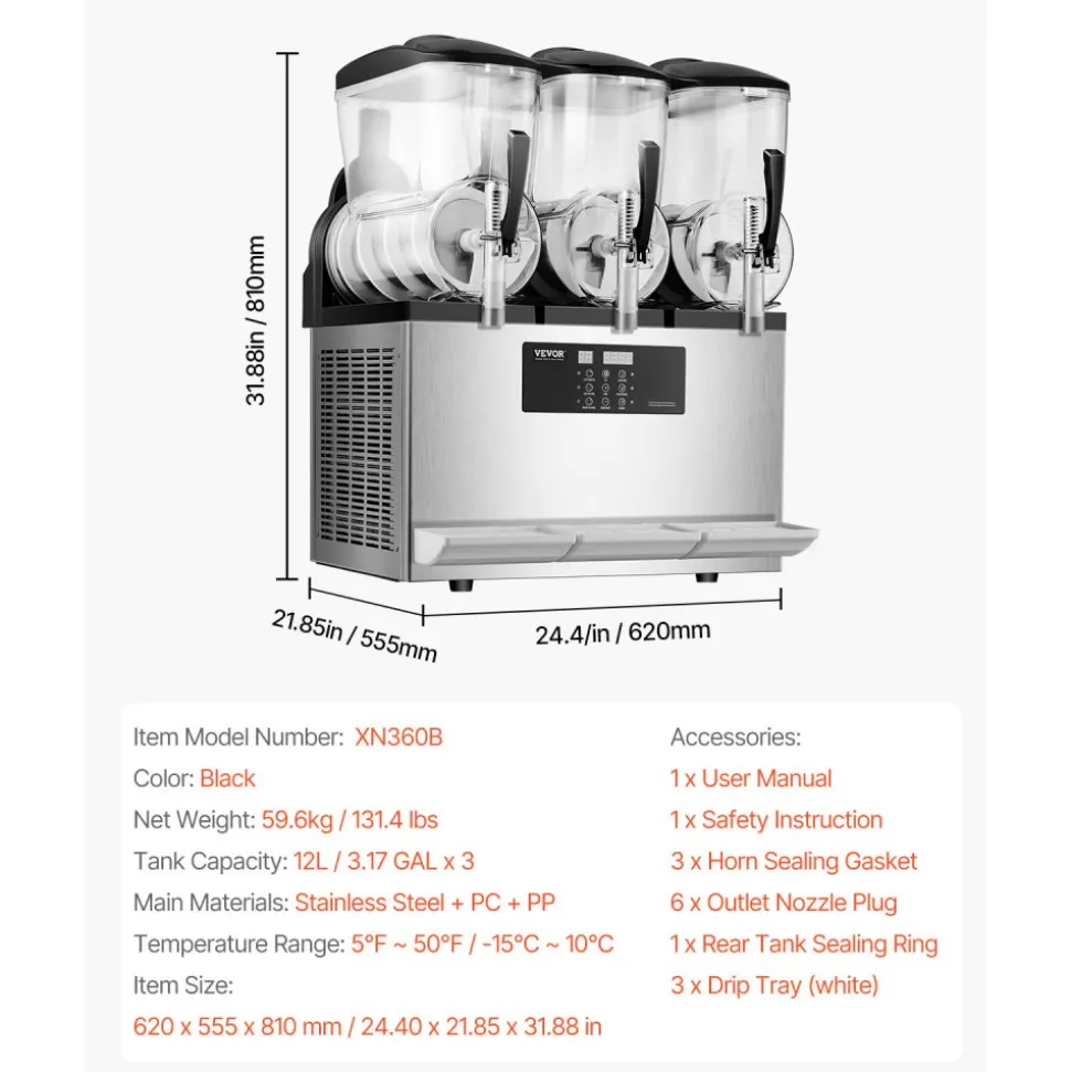 VEVOR Commercial Slushy Machine, 12Lx3 Triple Tank Frozen Drink Machine, 144 Cups Stainless Steel Margarita Smoothie Frozen Drink Maker, Slushie Maker for Home Party Restaurants Cafe Bars