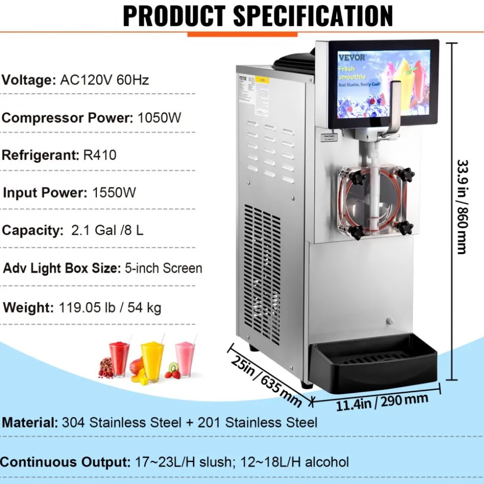 VEVOR Commercial Slushy Machine, 8L / 2.1 Gal Single Bowl, Cool and Freeze Modes, 1050W Stainless Steel Margarita Smoothie Frozen Drink Maker, Slushie Machine for Party Cafes Restaurants Bars Home