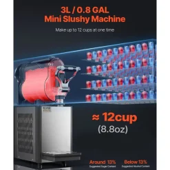 VEVOR Commercial Slushy Machine, 3L Single Tank Frozen Drink Machine, 12 Cups Stainless Steel Margarita Smoothie Frozen Drink Maker, Slushie Maker for Home Party Restaurants Cafe Bars