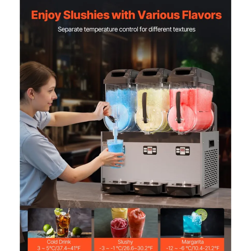VEVOR Commercial Slushy Machine, 12Lx3 Triple Tank Frozen Drink Machine, 144 Cups Stainless Steel Margarita Smoothie Frozen Drink Maker, Slushie Maker for Home Party Restaurants Cafe Bars