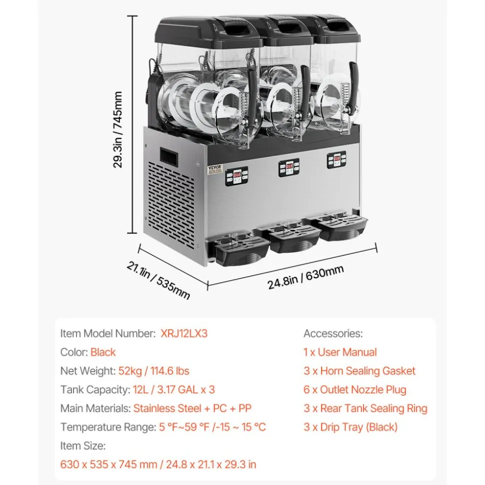 VEVOR Commercial Slushy Machine, 12Lx3 Triple Tank Frozen Drink Machine, 144 Cups Stainless Steel Margarita Smoothie Frozen Drink Maker, Slushie Maker for Home Party Restaurants Cafe Bars