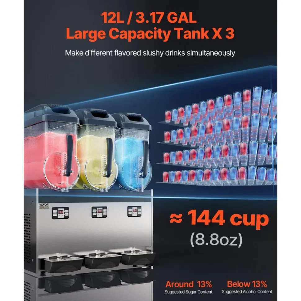 VEVOR Commercial Slushy Machine, 12Lx3 Triple Tank Frozen Drink Machine, 144 Cups Stainless Steel Margarita Smoothie Frozen Drink Maker, Slushie Maker for Home Party Restaurants Cafe Bars