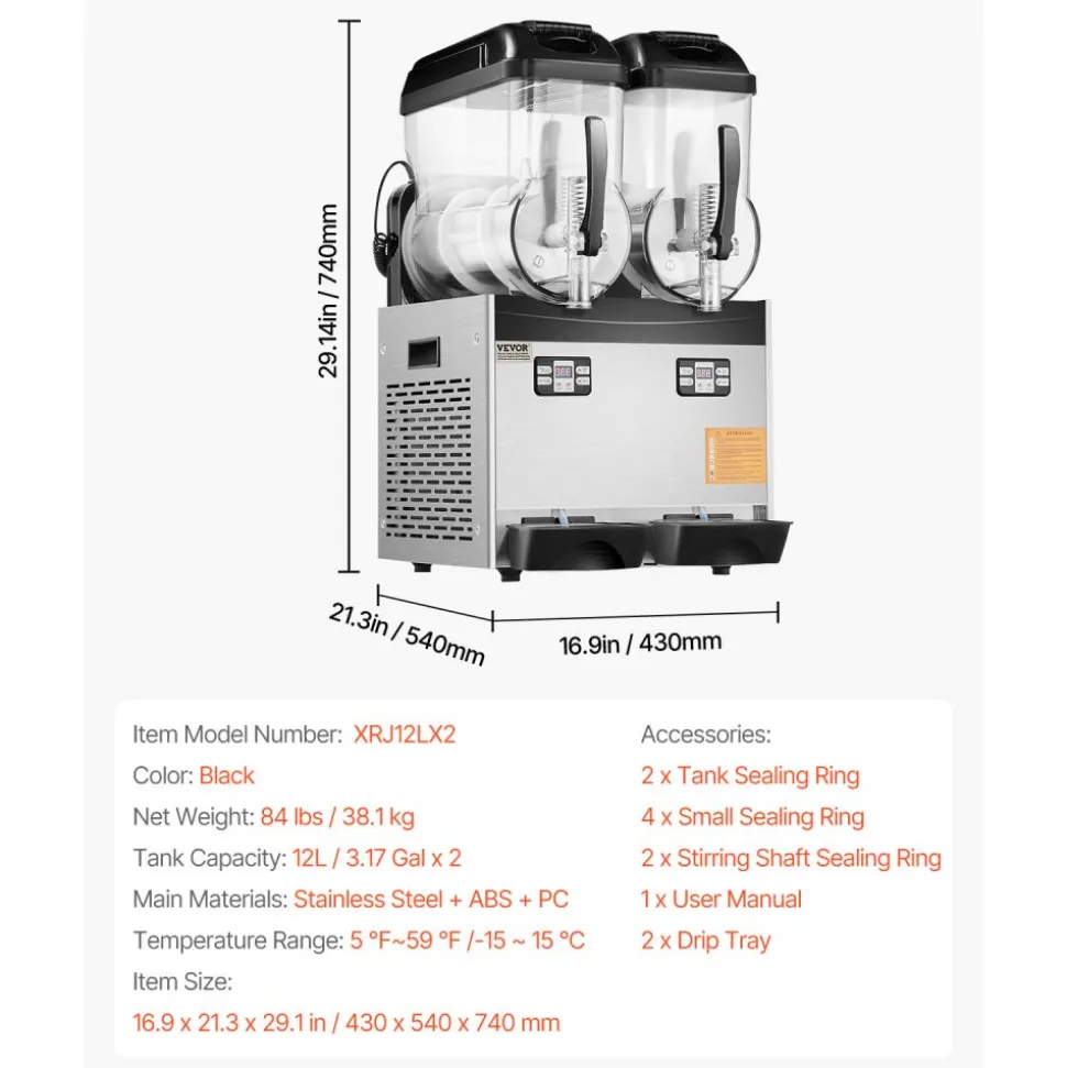 VEVOR Commercial Slushy Machine, 12Lx2 Double Tank Frozen Drink Machine, 96 Cups Stainless Steel Margarita Smoothie Frozen Drink Maker, Slushie Maker for Home Party Restaurants Cafe Bars