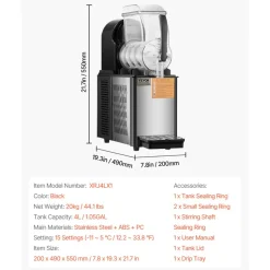 VEVOR Commercial Slushy Machine, 4L Single Tank Frozen Drink Machine, 16 Cups Stainless Steel Margarita Smoothie Frozen Drink Maker, Slushie Maker for Home Party Restaurants Cafe Bars