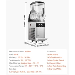 VEVOR Commercial Slushy Machine, 12L Single Tank Frozen Drink Machine, 48 Cups Stainless Steel Margarita Smoothie Frozen Drink Maker, Slushie Maker for Home Party Restaurants Cafe Bars