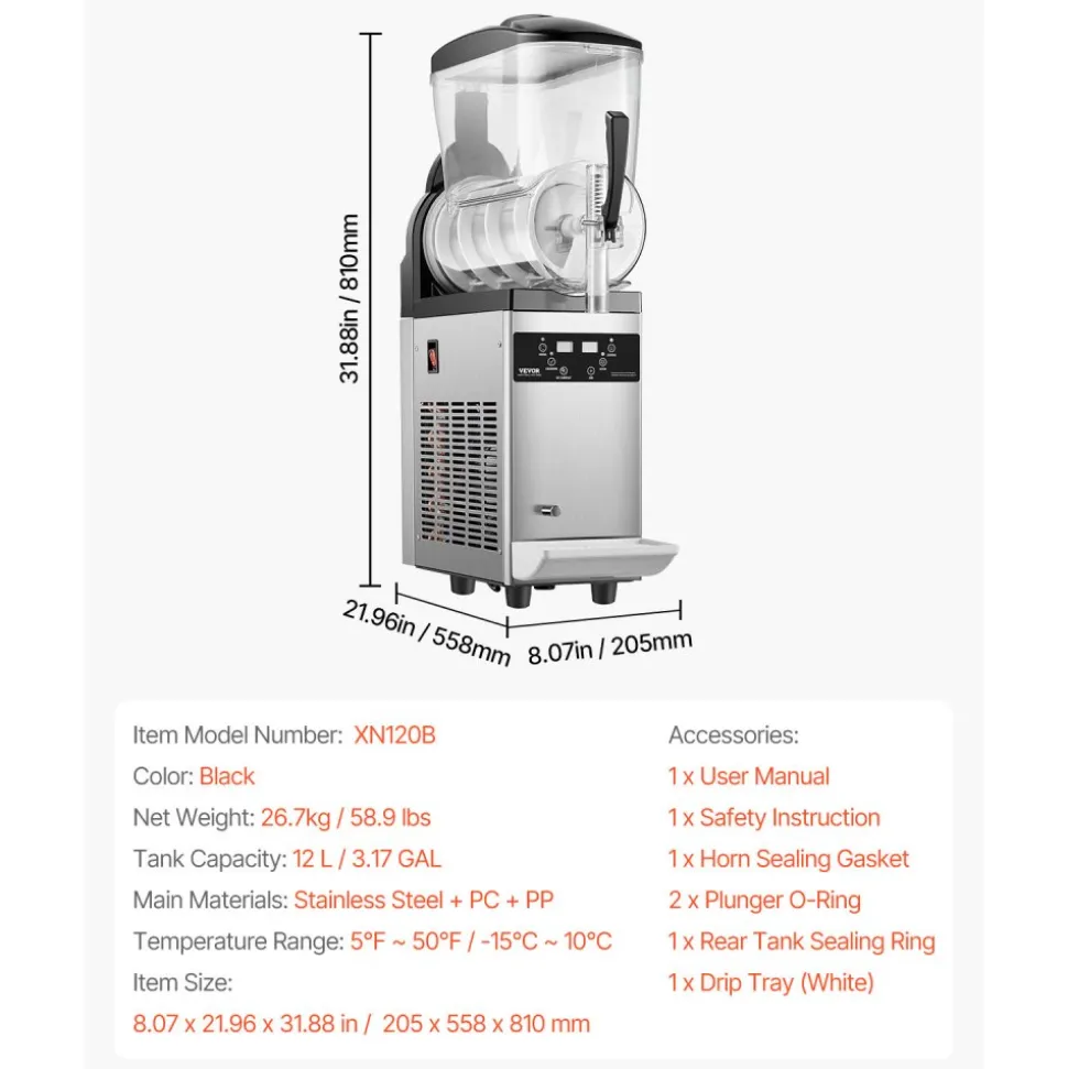 VEVOR Commercial Slushy Machine, 12L Single Tank Frozen Drink Machine, 48 Cups Stainless Steel Margarita Smoothie Frozen Drink Maker, Slushie Maker for Home Party Restaurants Cafe Bars