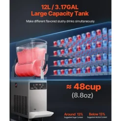 VEVOR Commercial Slushy Machine, 12L Single Tank Frozen Drink Machine, 48 Cups Stainless Steel Margarita Smoothie Frozen Drink Maker, Slushie Maker for Home Party Restaurants Cafe Bars