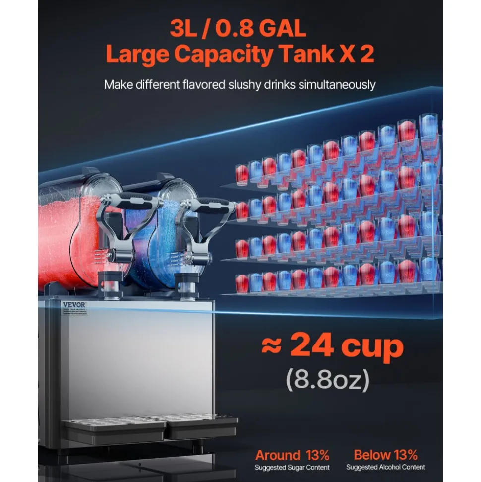 VEVOR Commercial Slushy Machine, 3Lx2 Double Tank Frozen Drink Machine, 24 Cups Stainless Steel Margarita Smoothie Frozen Drink Maker, Slushie Maker for Home Party Restaurants Cafe Bars