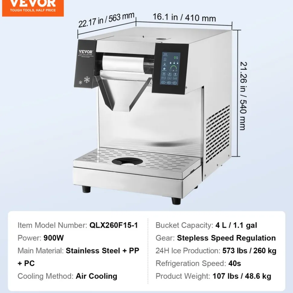 VEVOR Commercial Snowflake Ice Machine, 573LBS/24H Snowflake Ice Maker, Stainless Steel Ice Shaver Machine, Electric Snow Cone Maker, Air Cooling System for Rapid Heat Dissipation, for Bakery, Cafe
