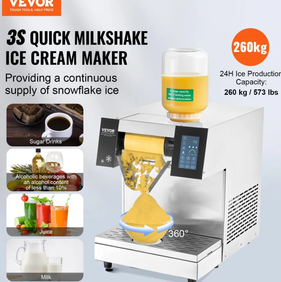 VEVOR Commercial Snowflake Ice Machine, 573LBS/24H Snowflake Ice Maker, Stainless Steel Ice Shaver Machine, Electric Snow Cone Maker, Air Cooling System for Rapid Heat Dissipation, for Bakery, Cafe