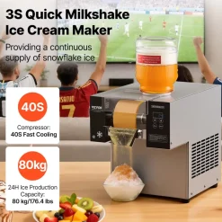 VEVOR Commercial Snowflake Ice Machine, 176.4LBS/24H Snowflake Ice Maker, Stainless Steel Ice Shaver Machine, Electric Snow Cone Maker, Air Cooling System for Rapid Heat Dissipation, for Bakery, Cafe