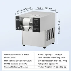 VEVOR Commercial Snowflake Ice Machine, 176.4LBS/24H Snowflake Ice Maker, Stainless Steel Ice Shaver Machine, Electric Snow Cone Maker, Air Cooling System for Rapid Heat Dissipation, for Bakery, Cafe