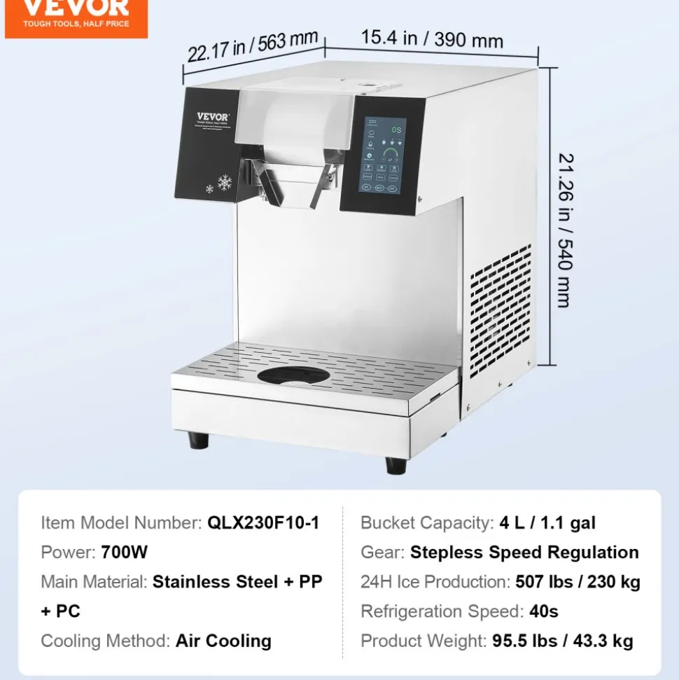 VEVOR Commercial Snowflake Ice Machine, 507LBS/24H Snowflake Ice Maker, Stainless Steel Ice Shaver Machine, Electric Snow Cone Maker, Air Cooling System for Rapid Heat Dissipation, for Bakery, Cafe