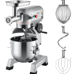 VEVOR Commercial Stand Mixer, 20Qt Stainless Steel Bowl, 1100W 2 in 1 Multifunctional Electric Food Mixer with Meat Grinder & 3 Speeds, Dough Hook Whisk Beater Included, Perfect for Bakery Pizzeria