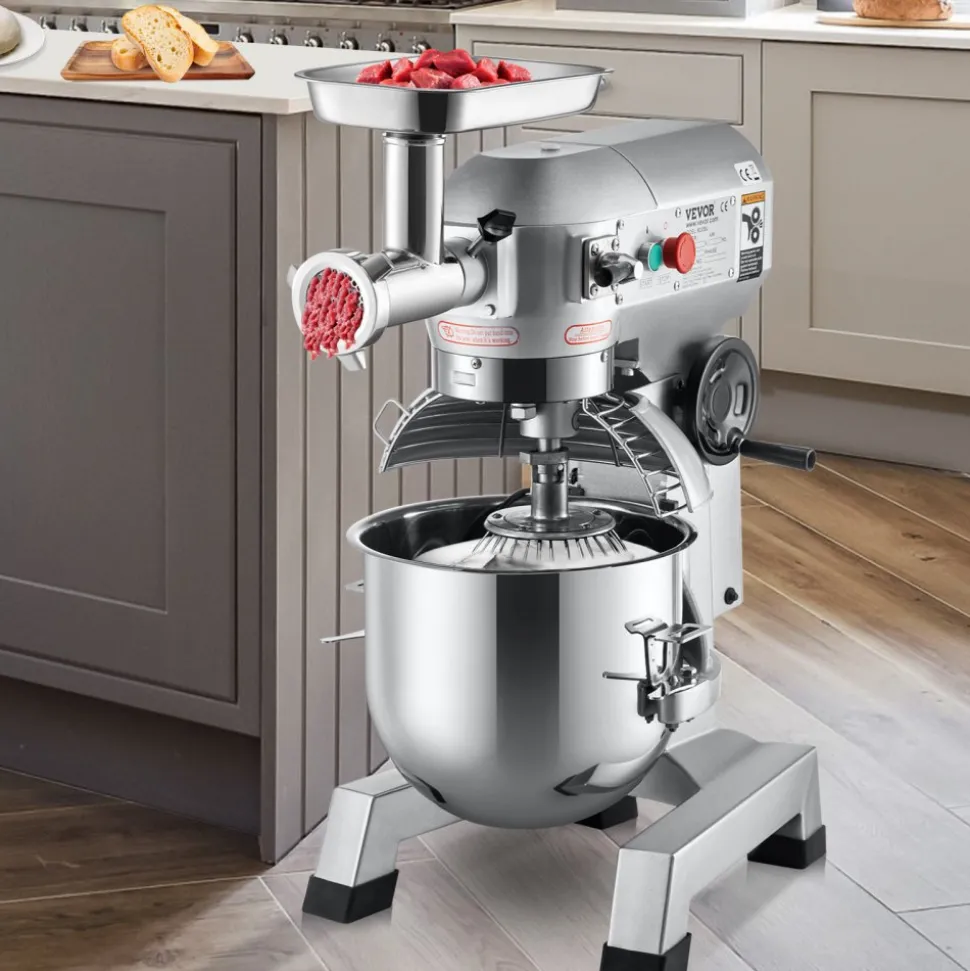 VEVOR Commercial Stand Mixer, 20Qt Stainless Steel Bowl, 1100W 2 in 1 Multifunctional Electric Food Mixer with Meat Grinder & 3 Speeds, Dough Hook Whisk Beater Included, Perfect for Bakery Pizzeria