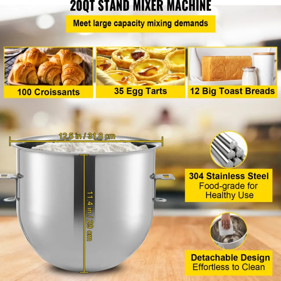 VEVOR Commercial Stand Mixer, 20Qt Stainless Steel Bowl, 1100W 2 in 1 Multifunctional Electric Food Mixer with Meat Grinder & 3 Speeds, Dough Hook Whisk Beater Included, Perfect for Bakery Pizzeria