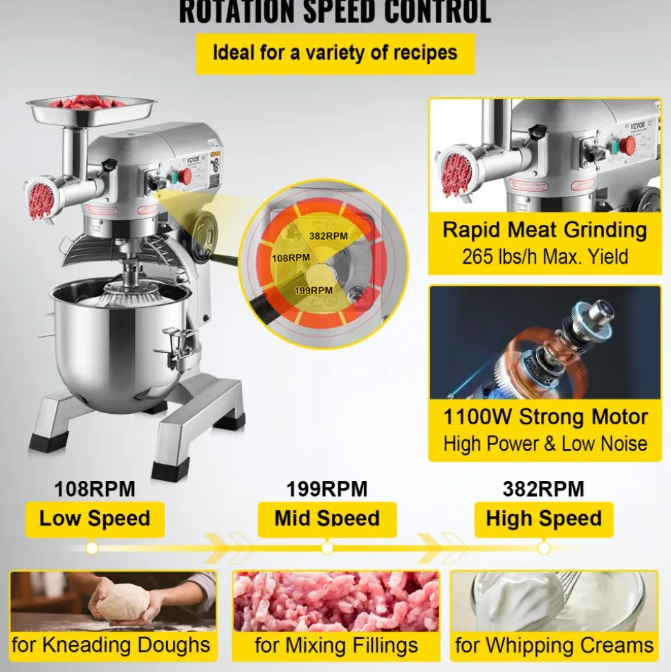 VEVOR Commercial Stand Mixer, 20Qt Stainless Steel Bowl, 1100W 2 in 1 Multifunctional Electric Food Mixer with Meat Grinder & 3 Speeds, Dough Hook Whisk Beater Included, Perfect for Bakery Pizzeria