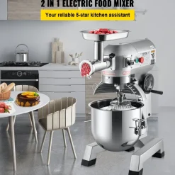 VEVOR Commercial Stand Mixer, 20Qt Stainless Steel Bowl, 1100W 2 in 1 Multifunctional Electric Food Mixer with Meat Grinder & 3 Speeds, Dough Hook Whisk Beater Included, Perfect for Bakery Pizzeria
