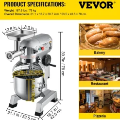 VEVOR Commercial Stand Mixer, 20Qt Stainless Steel Bowl, 1100W 2 in 1 Multifunctional Electric Food Mixer with Meat Grinder & 3 Speeds, Dough Hook Whisk Beater Included, Perfect for Bakery Pizzeria