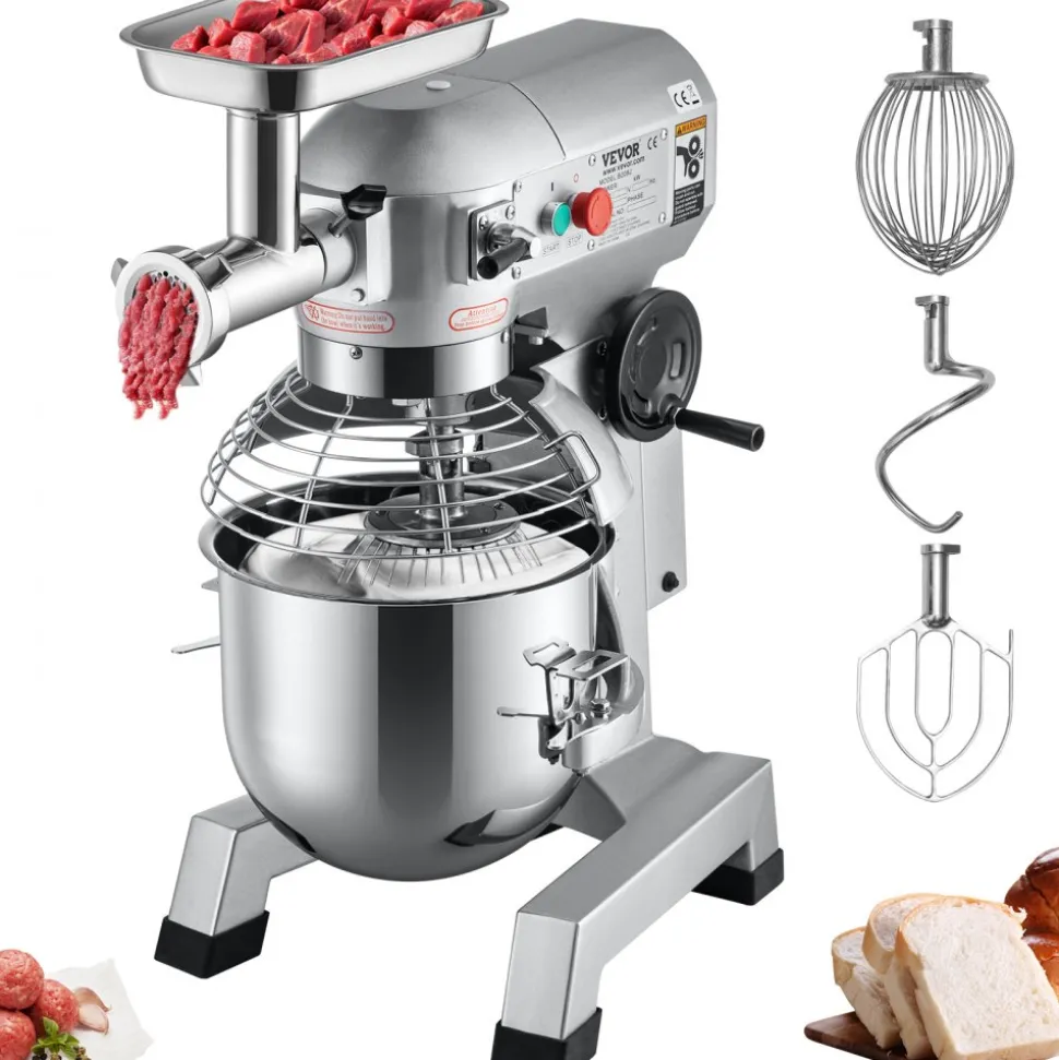 VEVOR Commercial Stand Mixer, 20Qt Stainless Steel Bowl, 1100W 2 in 1 Multifunctional Electric Food Mixer with Meat Grinder & 3 Speeds, Dough Hook Whisk Beater Included, Perfect for Bakery Pizzeria