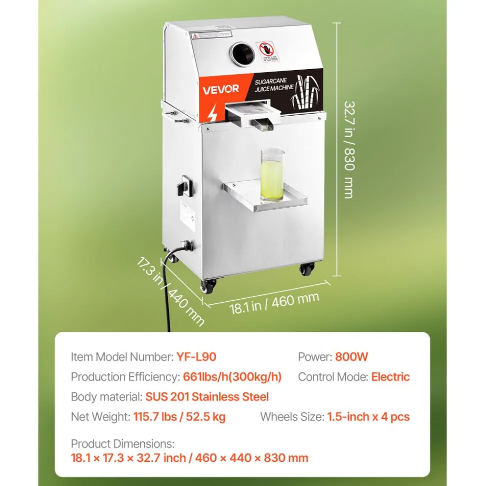 VEVOR Commercial Sugar Cane Juicer, 800W Electric Sugarcane Juicer Machine with 661LBS/H High Output, 3 Stainless Steel Rollers, Sugar Cane Press Juice Extractor Squeezer on Wheels for Home/Commercial