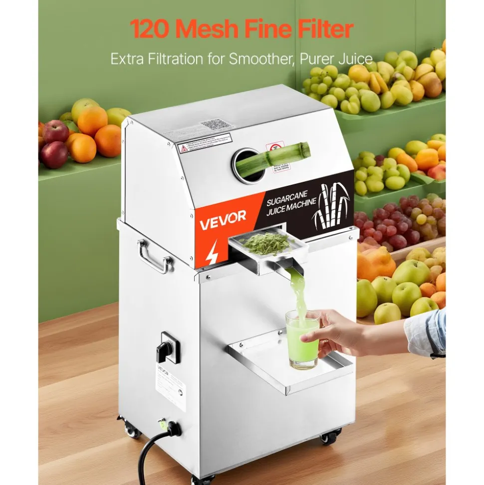 VEVOR Commercial Sugar Cane Juicer, 800W Electric Sugarcane Juicer Machine with 661LBS/H High Output, 3 Stainless Steel Rollers, Sugar Cane Press Juice Extractor Squeezer on Wheels for Home/Commercial