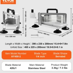 VEVOR Commercial Tomato Slicer, 1/4 inch Tomato Cutter Slicer, Stainless Steel Heavy Duty Tomato Slicer Machine, Manual Tomato Slicer with Non-slip Feet, for Cutting Tomatoes, Cucumbers, Bananas