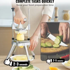 VEVOR Commercial Vegetable Fruit Chopper 3/8″ Blade Heavy Duty Professional Food Dicer Kattex French Fry Cutter Onion Slicer Stainless Steel for Tomato Peppers Potato Mushroom, Sliver
