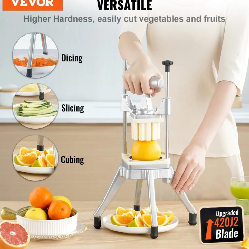 VEVOR Commercial Vegetable Fruit Chopper, Stainless Steel French Fry Cutter with 4 Blades 1/4" 3/8" 1/2", 6-wedge Slicer, Chopper Dicer with Tray, Heavy Duty Cutter for Potato Tomato Onion Mushroom